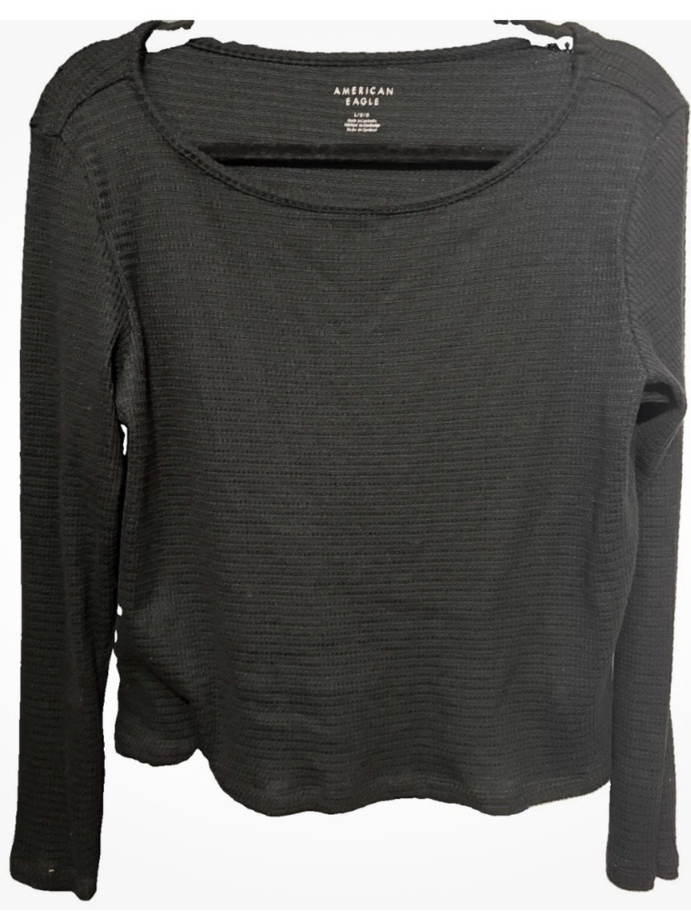 American Eagle Women's Black Waffle-Knit Scoop Neck Long Sleeve Top so soft sz L